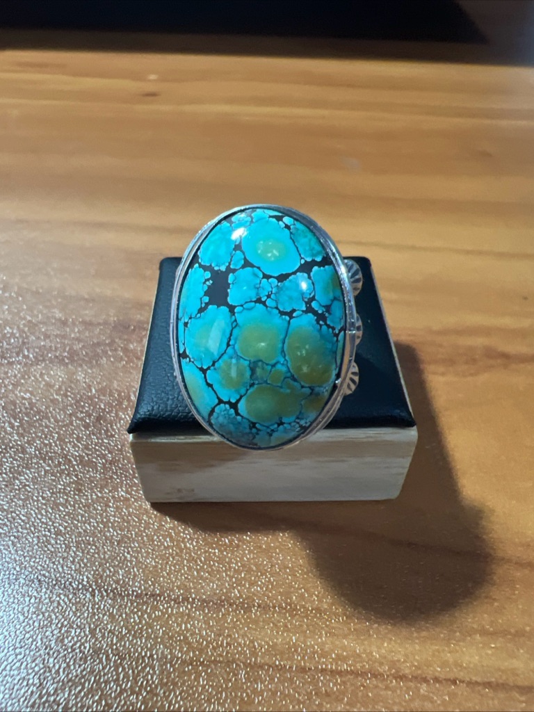 Vintage Sterling Signed P M Large Oval Blue Turquoise Native Ring Size 7.5
